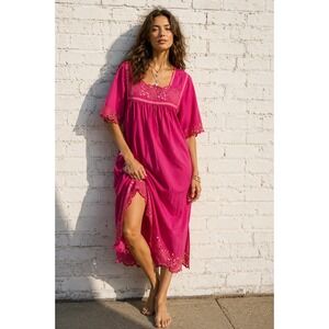 Vintage‎ Go Softly Patio Pink Cotton Eyelet Embroidered Muu Muu House Dress L